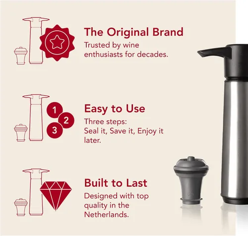 Vista 3 de Vacu Vin Bomba de ahorro de vino con 1 tapón al vacío, acero inoxidable, sello hermético para preservar la frescura hasta 10 días, reutilizable, a