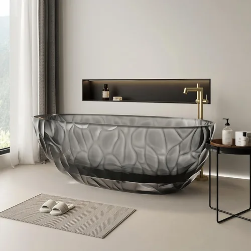 Vista 12 de Bañera independiente transparente de 67 pulgadas – Bañera de superficie sólida de diseño con textura ondulada, bañera de remojo extra profunda