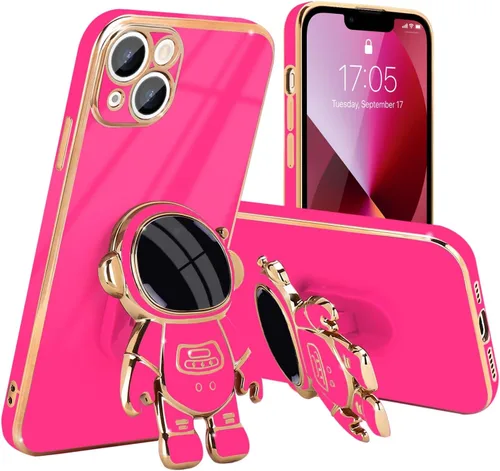Vista 22 de Pepmune - Funda para iPhone 13 con soporte de astronauta 3D, color negro Luxury Electroplated Soft Silicone Cover with Holder, Lovely 3D Cartoon