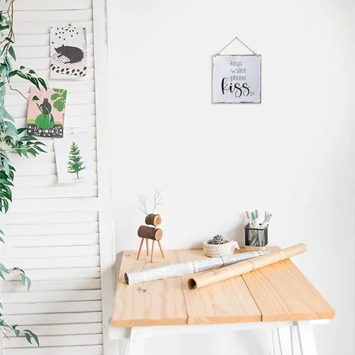 Vista 4 de Letrero de madera de aspecto envejecido con citas y llaves, cartera, teléfono y beso, rústico, letrero de madera decorativo para el hogar, placa