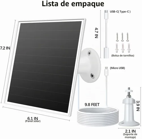 Vista 8 de Panel solar de 6W para cámara de seguridad al aire libre con micro USB y USB-C, cargador de panel solar para cámara de batería, se ajusta a