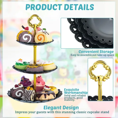 Vista 3 de 4 juegos de soporte de postre de plástico de 3 niveles, soporte negro para cupcakes, mini torta de frutas y dulces, bandeja reutilizable para servir