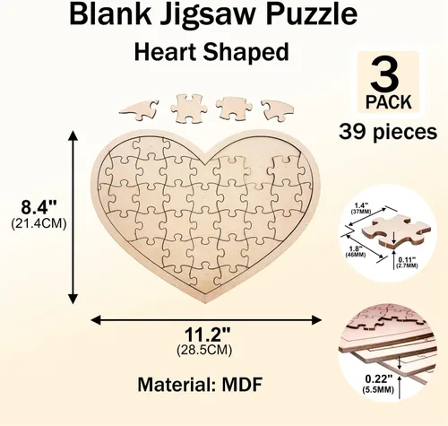 Vista 4 de Paquete de 3 rompecabezas de madera en blanco en forma de corazón de 11.2 x 8.4 pulgadas, tablero de rompecabezas de madera sin terminar, lienzo