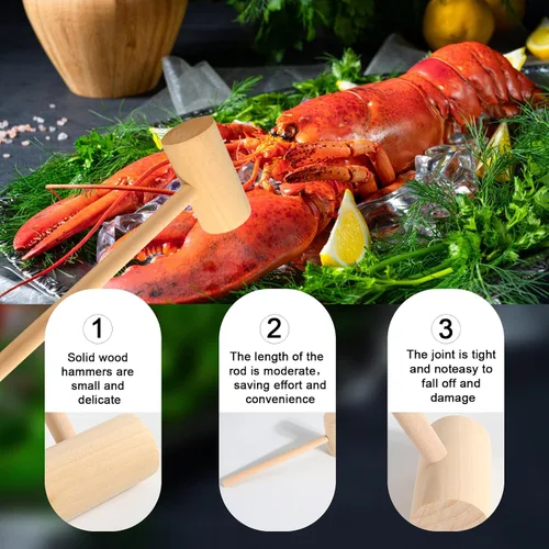Vista 5 de Paquete de 6 martillos de mariscos grandes de madera para agrietar cangrejo, langosta y mariscos, martillo de madera para romper, chocolate