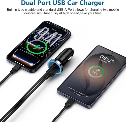 Vista 4 de Cargador de coche USB C, adaptador de coche de carga rápida de 3.4 A+cable tipo C de 3 pies para Samsung Galaxy S25 S24 S23 S22 S21 S20 S10 Note 20