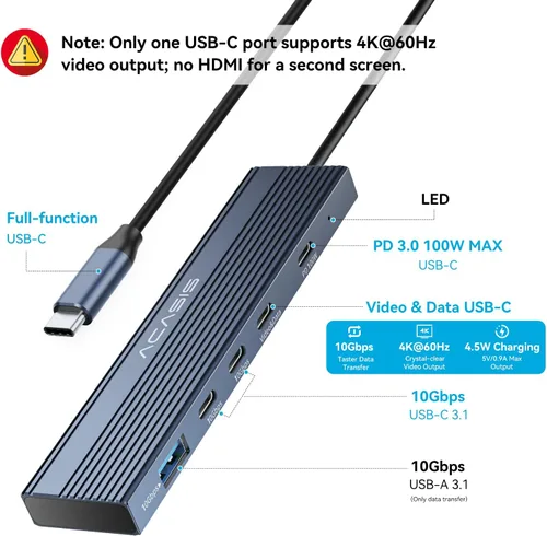 Vista 2 de ACASIS Divisor USB C con salida de video 4K a 60Hz, concentrador USB C de 10 Gbps, 1 salida de video USB C para monitor portátil, 3 USB C 10 Gbps