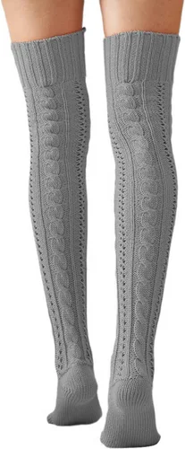 Vista 4 de YELAIVP Calcetines altos hasta el muslo de punto trenzado para mujer, botas extra largas por encima de la rodilla, calentadores de piernas
