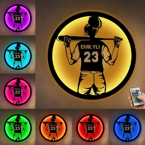 Vista 12 de Letrero de metal personalizado para jugador de sóftbol con luz LED, nombre y número personalizado, arte de pared de sóftbol, letrero de neón