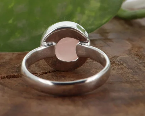 Vista 6 de Anillo de plata de cuarzo rosa Anillo de cuarzo rosa redondo natural Plata de ley 925 Joyería hecha a mano