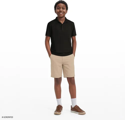 Vista 5 de Izod Camisa polo de manga corta para uniforme escolar para niños, cierre de botón, material de rendimiento que absorbe la humedad Negro