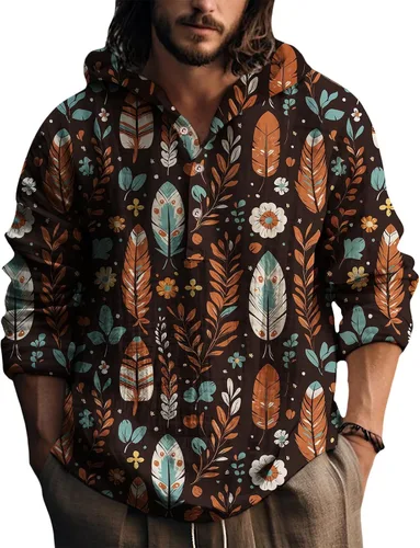 Vista 20 de Sudadera con capucha para hombre, con estampado de plumas, manga larga, 3 botones, a la moda, casual, para otoño, cómoda y suave