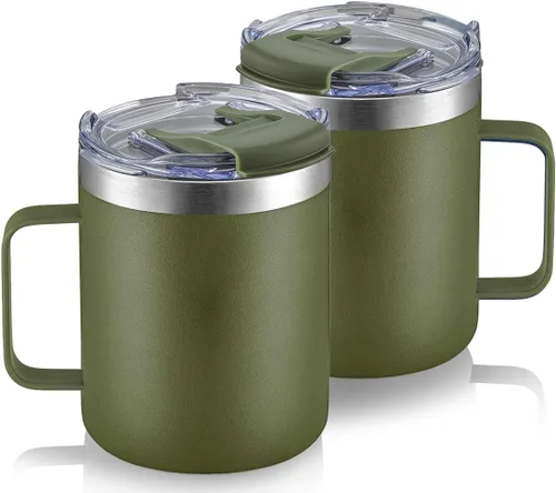 Vista 22 de Taza de café aislada de 12 onzas con asa, taza de café de viaje de acero inoxidable con tapa abatible, vaso de café de doble pared con aislamiento