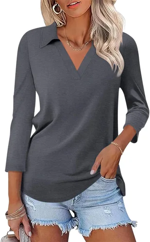 Vista 23 de TICTICMISS - Camisas polo de cuello en V para mujer, manga 3/4, con cuello, tops casuales de negocios, tops de verano a la moda, holgados