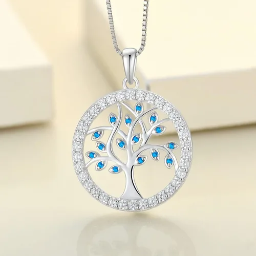 Vista 4 de YL Collar de árbol de plata de ley 925 con dije de esmeraldazafirogranateamatistacirconita, redondo, halo de vida familiar de joyería, Metal