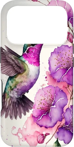Vista 30 de Hummingbird Floral Watercolor Pink Purple Paint Flowers Case for iPhone 17