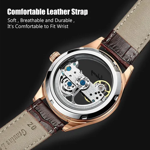 Vista 4 de RORIOS Reloj mecánico de moda para hombre con banda de acero inoxidable automático de cuerda automática reloj de pulsera impermeable de negocios