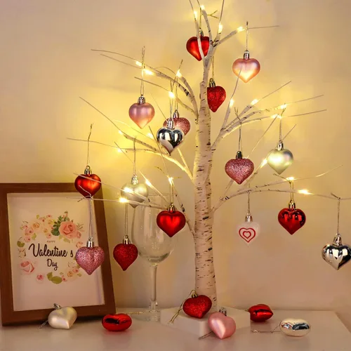 Vista 5 de Decoraciones para el día de San Valentín, decoración de corazón, 36 piezas de adornos de plástico rojo, plateado, rosa, blanco, árbol de Navidad