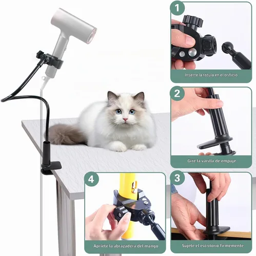 Vista 3 de Soporte para secador de pelo para perros, secadora de pelo ajustable de aleación negra, soporte manos libres con abrazadera giratoria de 360°