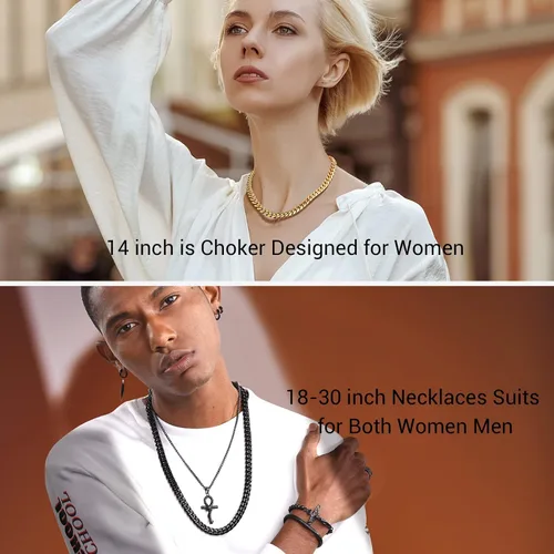 Vista 2 de PROSTEEL Trendy Cuban Links Necklace for Men Women, Black18K Gold Plated 316L Stainless Steel, W 4.8mm-14mm, L 14inch-30inch, Come Gift Box