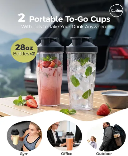 Vista 3 de ICUCINA - Vaso de licuadora de 28 onzas de repuesto con tapas para llevar, tazas para batidos de proteínas, vasos para batidos sin BPA (paquete de 2)