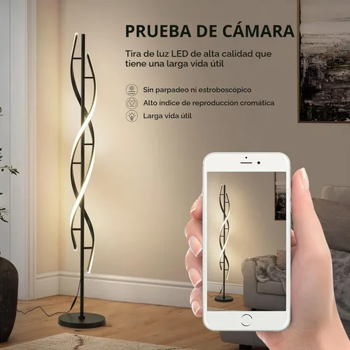 Vista 7 de Lámpara de Pie LED Espiral para Dormitorio, Lámparas de Pie Modernas con Control Remoto de 60 Pulgadas Regulable Lámpara de Pie Negra de 48W Lámpara