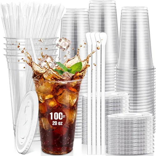Vista 8 de Eaasty Juego de 50 vasos de plástico transparente de 20 onzas con cuchara, pajitas y tapas planas, desechables, para café helado, postre, yogur