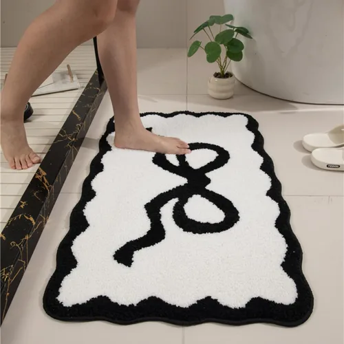 Vista 2 de Tapete de baño festoneado negro de 26 x 18 pulgadas, tapetes de baño suaves y absorbentes, lavables a máquina, de microfibra, para bañeras, lavabos