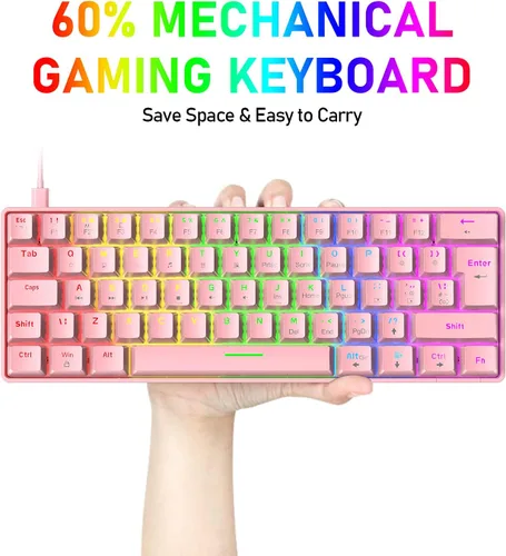 Vista 5 de Combo de teclado y mouse 60% mecánico para juegos, mini 62 teclas tipo C Chroma 20 efectos retroiluminados arcoíris, mouse ligero RGB, almohadilla