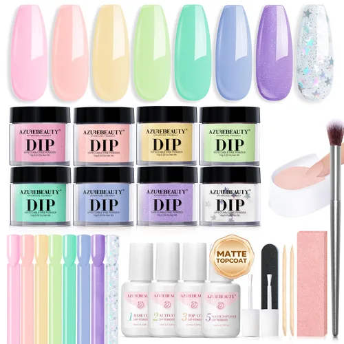 Vista 16 de AZUREBEAUTY Kit de uñas en polvo de inmersión, gelatina translúcida blanca lechosa, rosa desnudo, neutro, claro, 8 colores, juego de polvo