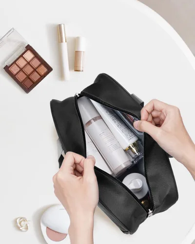 Vista 2 de Narwey Neceser de tamaño completo, bolsa de cosméticos grande, bolsa de maquillaje de viaje, organizador para mujeres y niñas, A-Negro, L, Bolsa