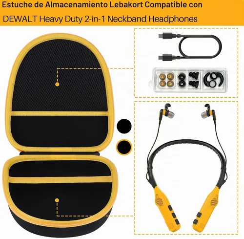 Vista 3 de Lebakort Funda de almacenamiento compatible con auriculares DEWALT resistentes 2 en 1 con banda para el cuello (funda negra)