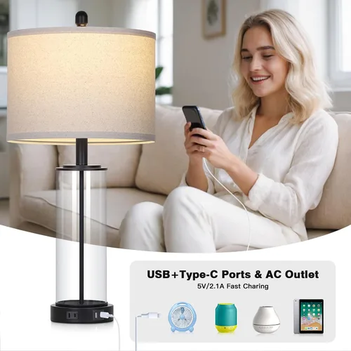 Vista 4 de Juego de 2 lámparas de mesa de cristal negro de 26 pulgadas, lámpara de sala de estar con control táctil regulable de 3 vías con puertos USB C+A