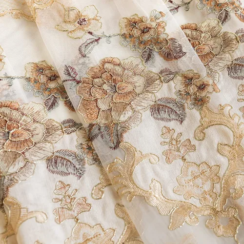 Vista 4 de ELKCA Cortina de Chenille Bordada Beige de Estilo Europeo para Sala de Estar, Elegantes Cortinas Florales de Chenille para Dormitorio, Parte