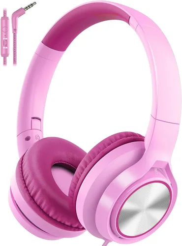 Vista 12 de Voopwink Auriculares para niños con micrófono, auriculares con cable sobre la oreja con volumen limitado de 85 dB/ 94 dB para niños, niñas Negro-Azul