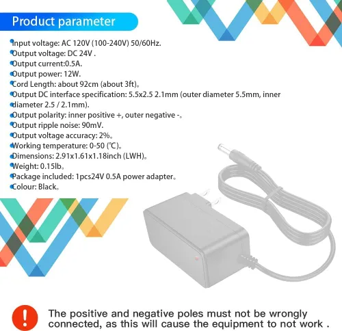 Vista 2 de Adaptador de fuente de alimentación de 24 V 0.5 A CC 100-240 V CA a CC 24 voltios 500 mA cable de alimentación convertidor con enchufe de 0.217 x