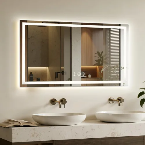 Vista 16 de Espejo de baño LED de 16 x 24 pulgadas con luces, antiniebla, retroiluminado + luz frontal, espejo de tocador de baño iluminado para pared, función