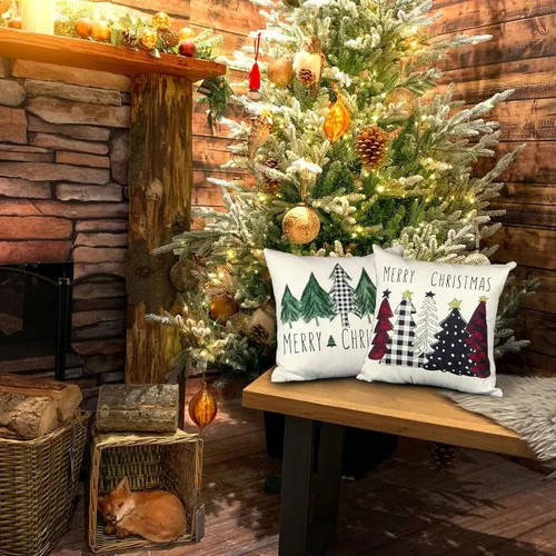 Vista 5 de ONWAY Juego de 2 fundas de almohada de Navidad de 16 x 16 pulgadas, fundas de almohada de Navidad de búfalo rojo a cuadros, color negro y verde Beige