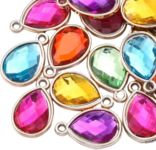 Vista 13 de Cheriswelry 48 colgantes de diamantes de imitación de resina en forma de lágrima con ajustes de latón dorado con diamantes de imitación facetados