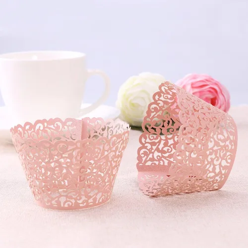 Vista 3 de Tinksky Envolturas para cupcakes cortadas con láser, decoración de boda y ducha, paquete de 50 (rosa)