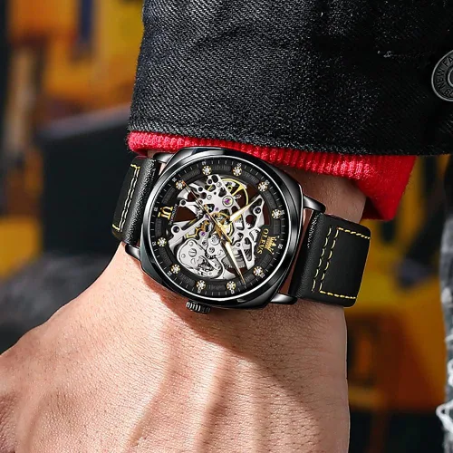 Vista 3 de OUPINKE Relojes automáticos de esqueleto para hombre, mecánica, cuerda automática, correa de cuero elegante, estilo steampunk, luminoso