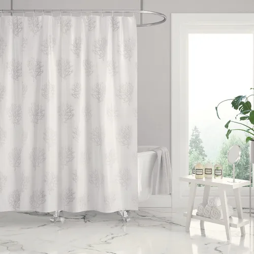 Vista 2 de Levtex Home - Nantucket - Cortina de ducha (72x72in) con agujeros para botones - Costera - Gris y blanco