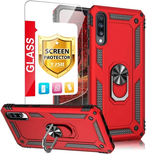 Vista 10 de TJS Funda compatible con Samsung Galaxy A50 2019, con protector de pantalla de vidrio templado, anillo de metal, soporte magnético, resistente Negro