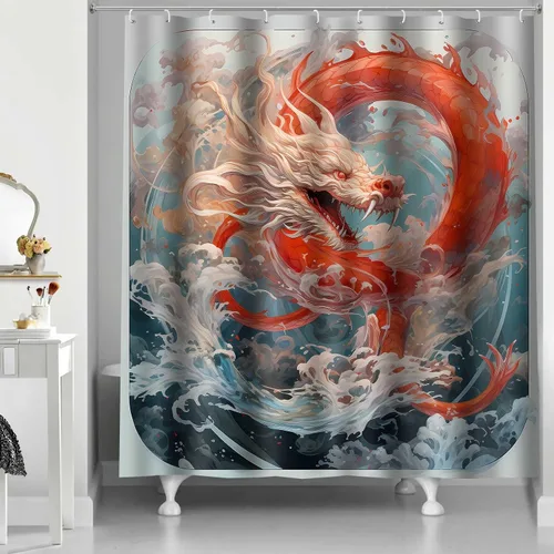 Vista 10 de YLOKPA0717 - Cortina de ducha de dragón japonés con ganchos, enorme ola de mar, cortina de baño de dragón rojo, 36 x 72 pulgadas, decoración de baño