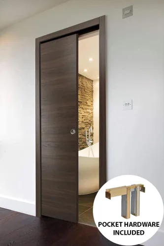 Vista 3 de Panel de puerta de granero de losa Planum 0010 ceniza de chocolate Puertas con acabado resistente Armario deslizante de bolsillo - 24 x 80