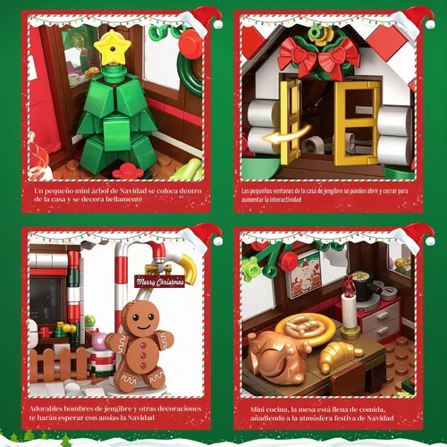 Vista 3 de Edificio de casa de pan de jengibre de Navidad, juego de construcción de casa de pueblo navideño, contiene árbol de Navidad y tren, juguete de Marrón