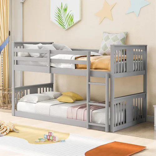 Vista 3 de Litera de suelo individual sobre individual, litera baja de madera con escalera, para niños y niñas (gris)