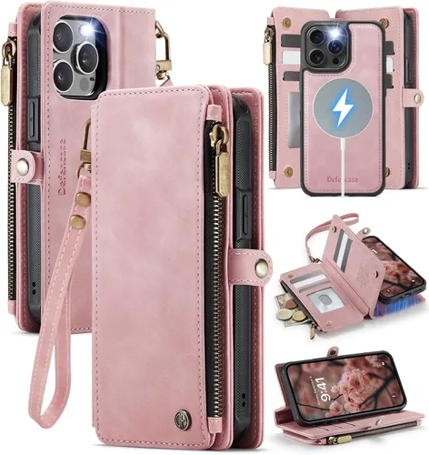 Vista 16 de Defencase Funda magnética para iPhone 13 Pro compatible con Magsafe con bloqueo RFID, correa de cremallera y tarjetero para mujer, funda de piel