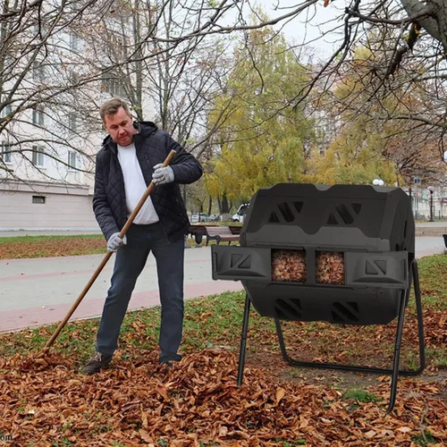Vista 2 de Contenedor de compost, 43 galones de compostaje de cocina, contenedores de compostaje giratorios, puertas correderas de doble cámara para patio
