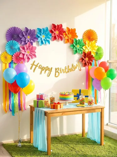Vista 3 de Juego de 7 flores de papel arcoíris para pared de 10 pulgadas, decoración de telón de fondo para fiesta temática de arcoíris, fiesta de cumpleaños