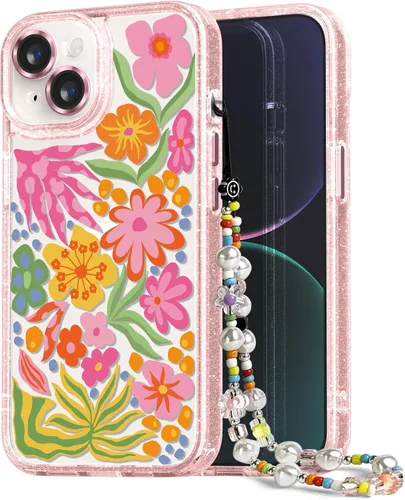 Vista 92 de Compatible para iPhone 13 Funda Bonita Estética - Funda para Teléfono Rosa con Purpurina con Protector de Cámara - Diseño de Cubierta